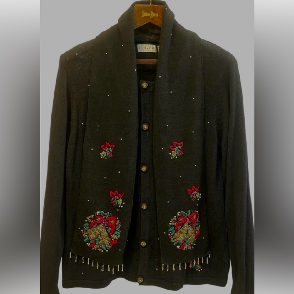 White Stag VTG Christmas Cardigan/Scarf Set XL (16/18) Wreath Beaded Fringe